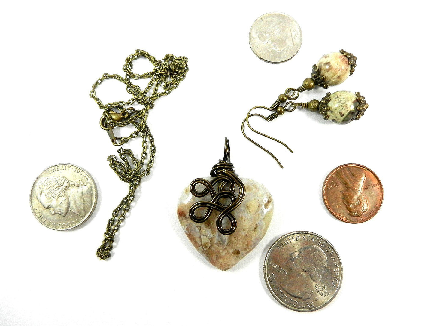 Bronze Wire Wrapped Cream Agate Gemstone Heart Pendant with Matching Jasper Earrings