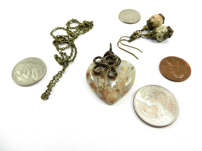 Bronze Wire Wrapped Cream Agate Gemstone Heart Pendant with Matching Jasper Earrings