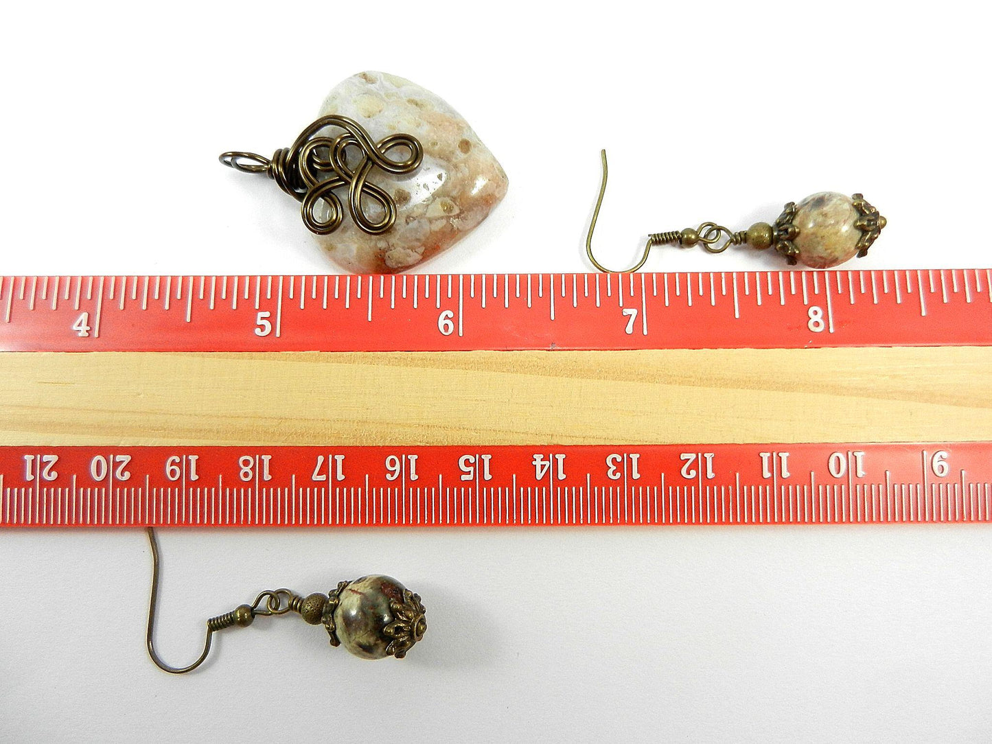 Bronze Wire Wrapped Cream Agate Gemstone Heart Pendant with Matching Jasper Earrings