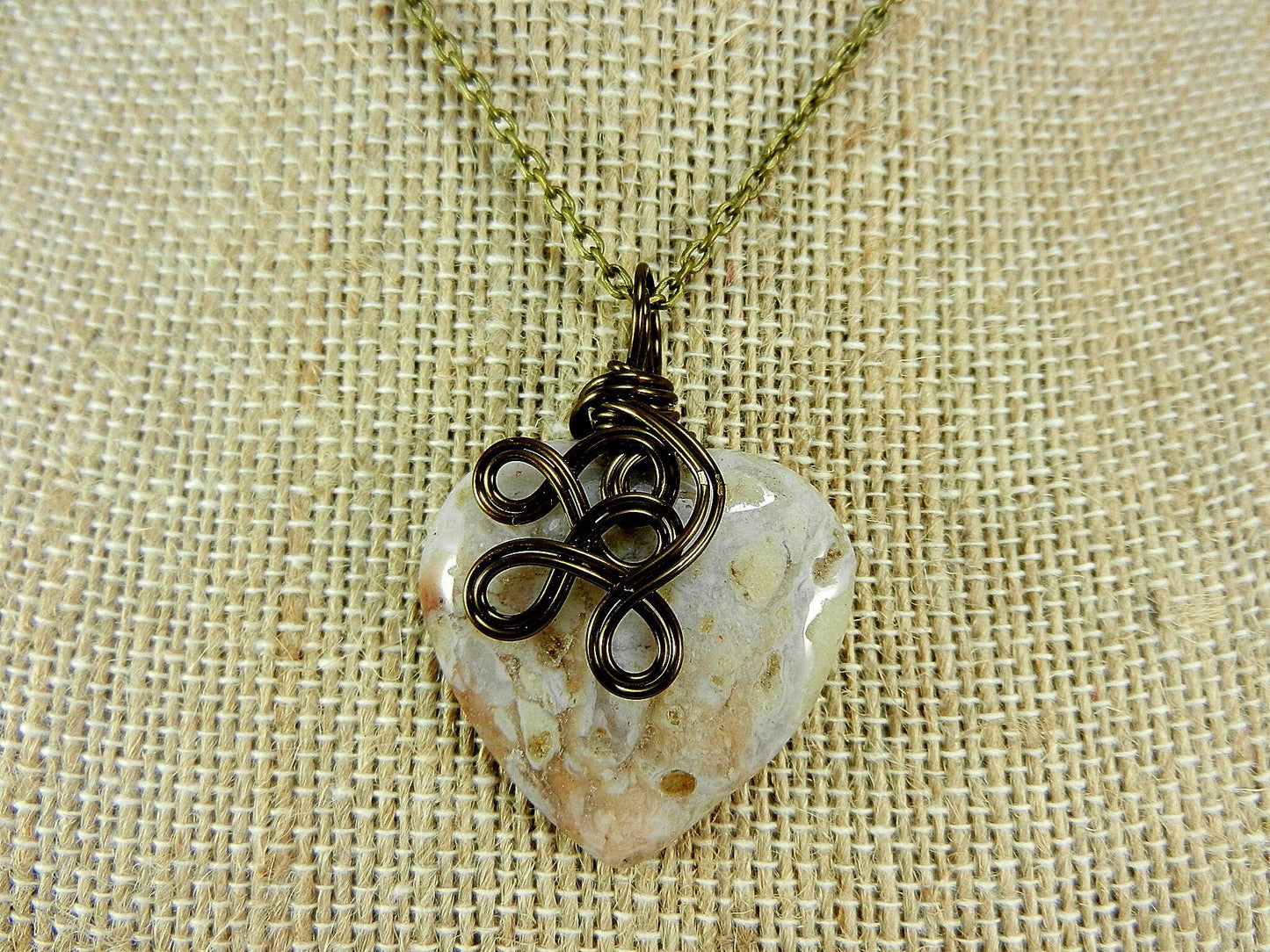 Bronze Wire Wrapped Cream Agate Gemstone Heart Pendant with Matching Jasper Earrings
