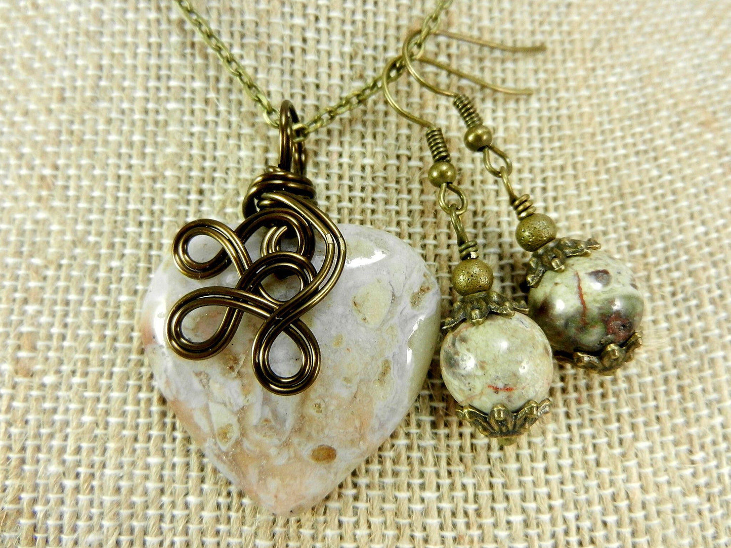 Bronze Wire Wrapped Cream Agate Gemstone Heart Pendant with Matching Jasper Earrings