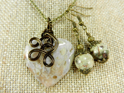 Bronze Wire Wrapped Cream Agate Gemstone Heart Pendant with Matching Jasper Earrings