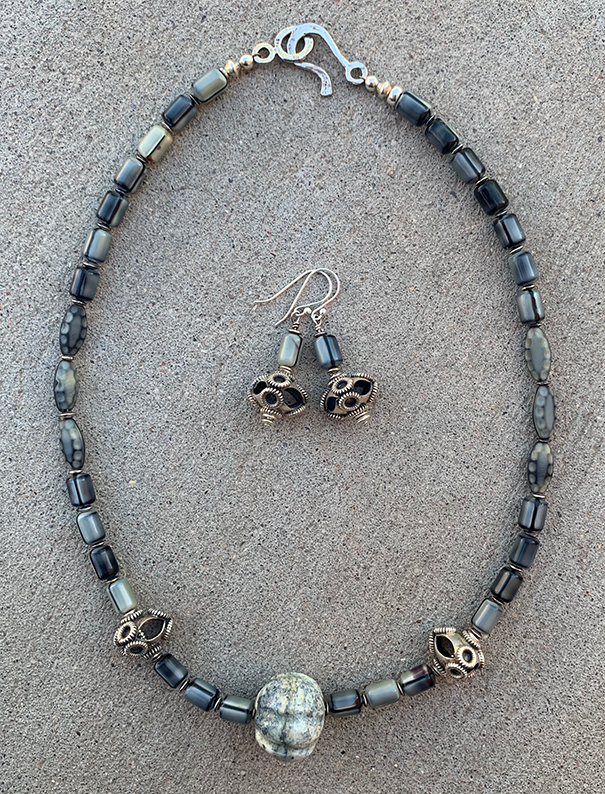 Necklace Set | Carved gray focal stone, gray vintage glass beads,"flying saucer" Bali beads