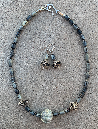 Necklace Set | Carved gray focal stone, gray vintage glass beads,"flying saucer" Bali beads