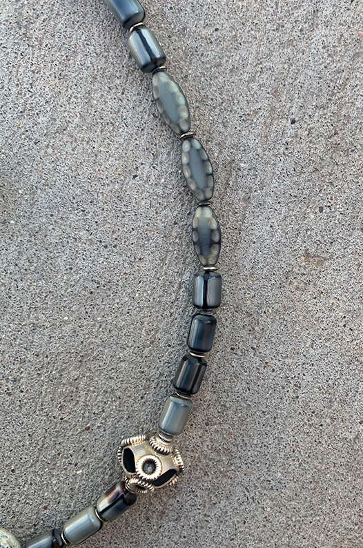 Necklace Set | Carved gray focal stone, gray vintage glass beads,"flying saucer" Bali beads