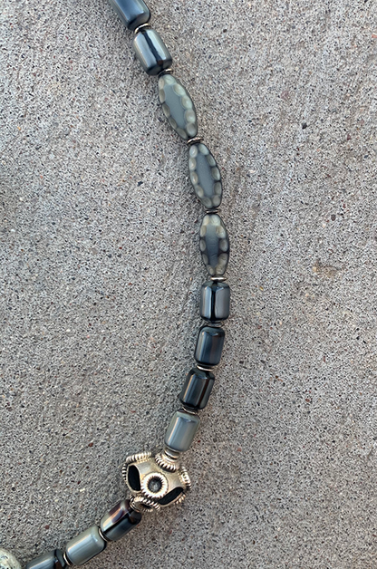 Necklace Set | Carved gray focal stone, gray vintage glass beads,"flying saucer" Bali beads