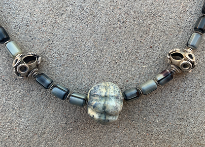 Necklace Set | Carved gray focal stone, gray vintage glass beads,"flying saucer" Bali beads