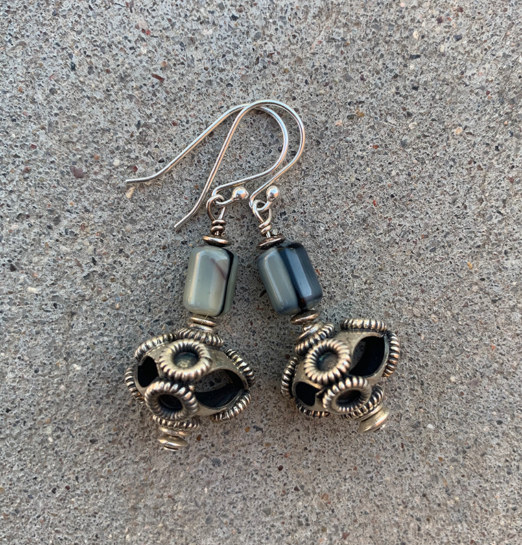 Necklace Set | Carved gray focal stone, gray vintage glass beads,"flying saucer" Bali beads