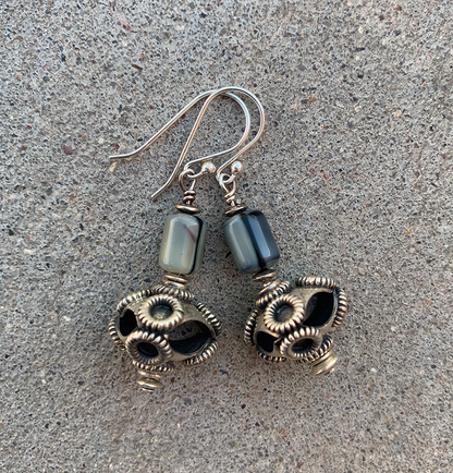 Necklace Set | Carved gray focal stone, gray vintage glass beads,"flying saucer" Bali beads