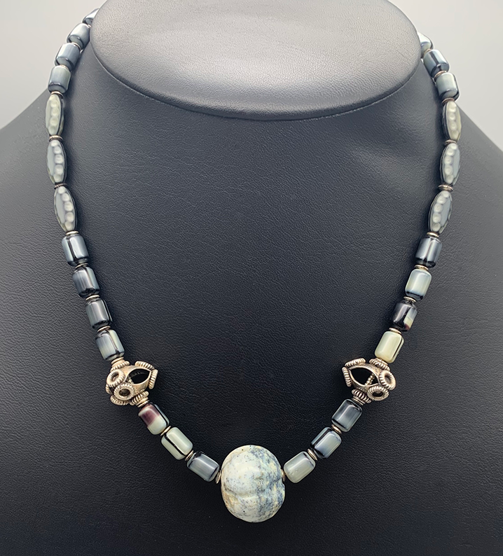 Necklace Set | Carved gray focal stone, gray vintage glass beads,"flying saucer" Bali beads