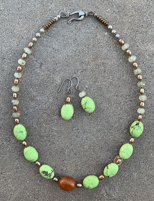 Necklace Set | Carnelian nugget, "green apple turquoise" ovals, prehnite rondelles, freshwater pearls