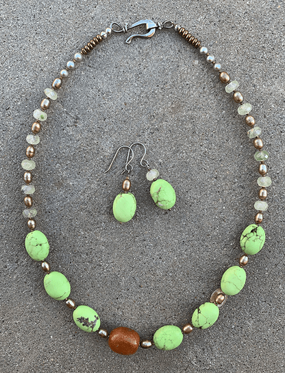 Necklace Set | Carnelian nugget, "green apple turquoise" ovals, prehnite rondelles, freshwater pearls