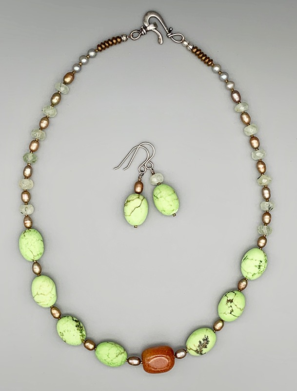 Necklace Set | Carnelian nugget, "green apple turquoise" ovals, prehnite rondelles, freshwater pearls