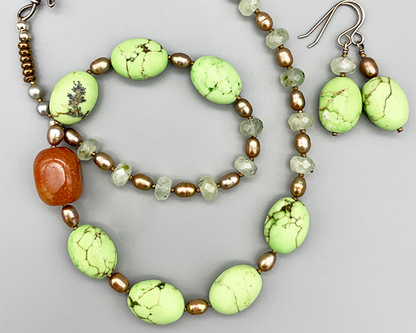 Necklace Set | Carnelian nugget, "green apple turquoise" ovals, prehnite rondelles, freshwater pearls