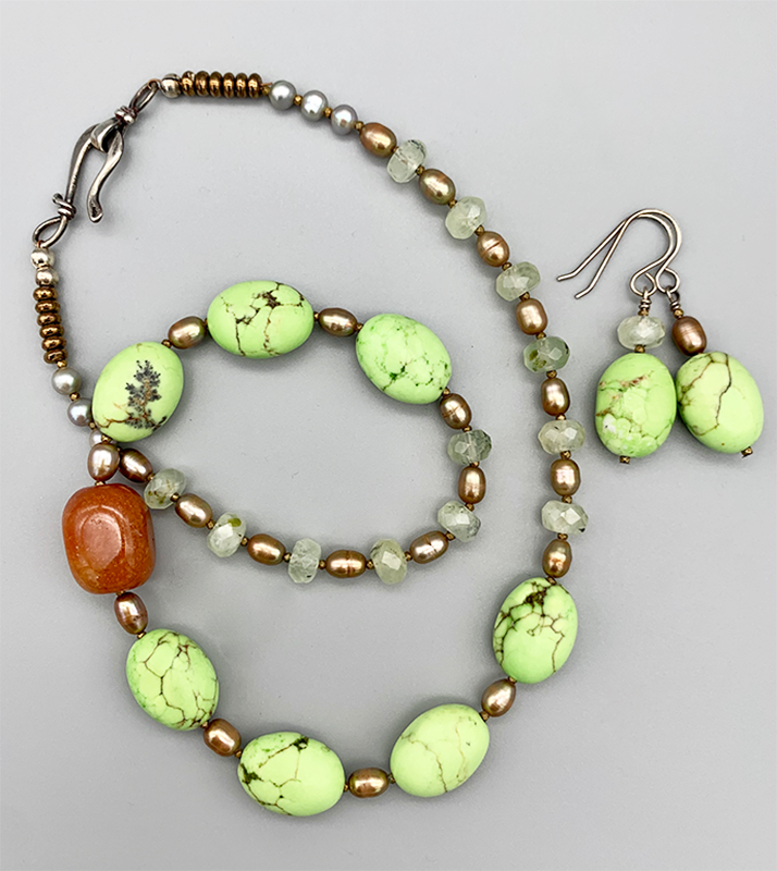 Necklace Set | Carnelian nugget, "green apple turquoise" ovals, prehnite rondelles, freshwater pearls