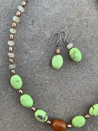 Necklace Set | Carnelian nugget, "green apple turquoise" ovals, prehnite rondelles, freshwater pearls