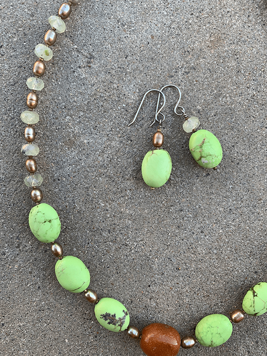 Necklace Set | Carnelian nugget, "green apple turquoise" ovals, prehnite rondelles, freshwater pearls