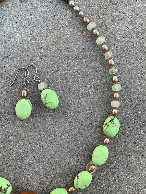 Necklace Set | Carnelian nugget, "green apple turquoise" ovals, prehnite rondelles, freshwater pearls