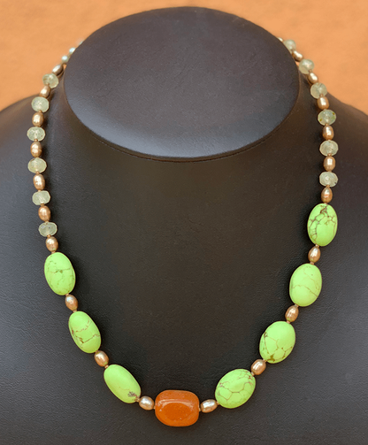 Necklace Set | Carnelian nugget, "green apple turquoise" ovals, prehnite rondelles, freshwater pearls