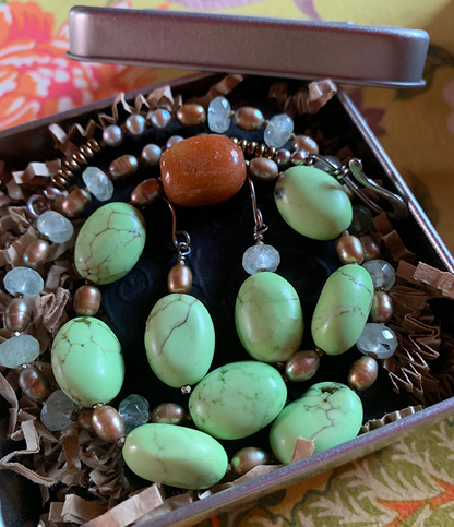 Necklace Set | Carnelian nugget, "green apple turquoise" ovals, prehnite rondelles, freshwater pearls