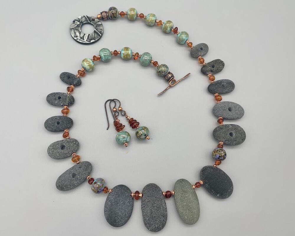 Necklace set | Pac NW beach stones, artisan lampwork rounds, amber nuggets, copper bicones, artisan porcelain clasp