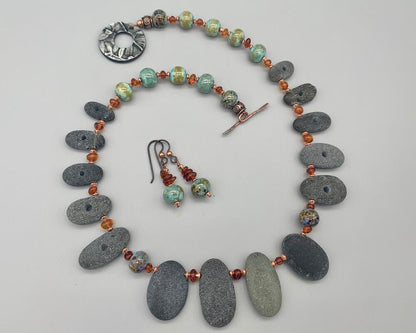 Necklace set | Pac NW beach stones, artisan lampwork rounds, amber nuggets, copper bicones, artisan porcelain clasp