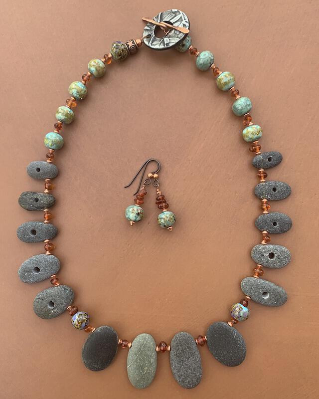 Necklace set | Pac NW beach stones, artisan lampwork rounds, amber nuggets, copper bicones, artisan porcelain clasp