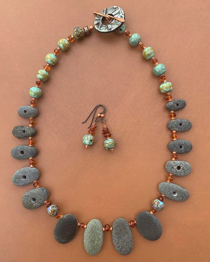Necklace set | Pac NW beach stones, artisan lampwork rounds, amber nuggets, copper bicones, artisan porcelain clasp