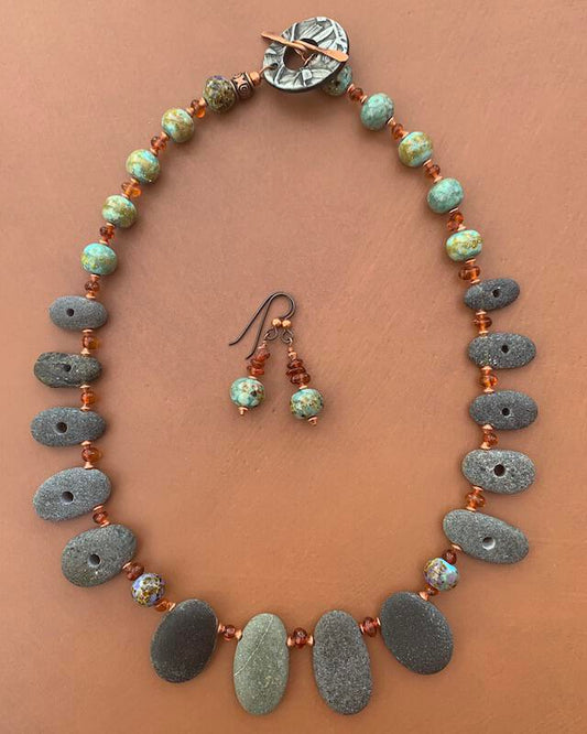 Necklace set | Pac NW beach stones, artisan lampwork rounds, amber nuggets, copper bicones, artisan porcelain clasp