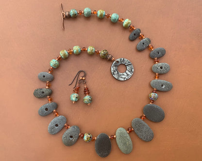 Necklace set | Pac NW beach stones, artisan lampwork rounds, amber nuggets, copper bicones, artisan porcelain clasp
