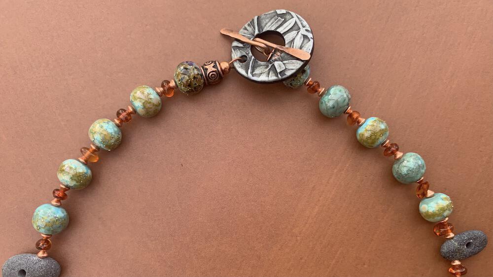 Necklace set | Pac NW beach stones, artisan lampwork rounds, amber nuggets, copper bicones, artisan porcelain clasp