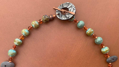Necklace set | Pac NW beach stones, artisan lampwork rounds, amber nuggets, copper bicones, artisan porcelain clasp