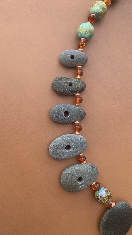 Necklace set | Pac NW beach stones, artisan lampwork rounds, amber nuggets, copper bicones, artisan porcelain clasp