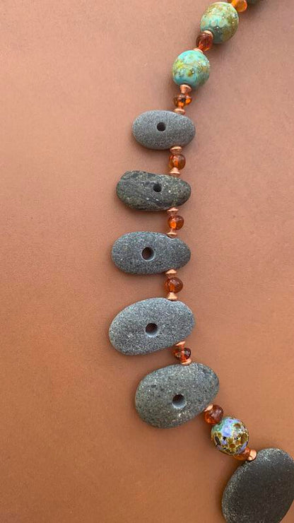 Necklace set | Pac NW beach stones, artisan lampwork rounds, amber nuggets, copper bicones, artisan porcelain clasp