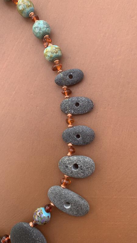 Necklace set | Pac NW beach stones, artisan lampwork rounds, amber nuggets, copper bicones, artisan porcelain clasp