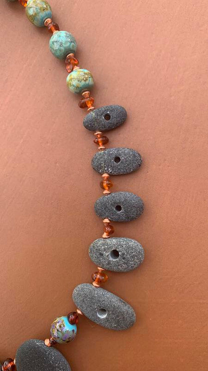Necklace set | Pac NW beach stones, artisan lampwork rounds, amber nuggets, copper bicones, artisan porcelain clasp