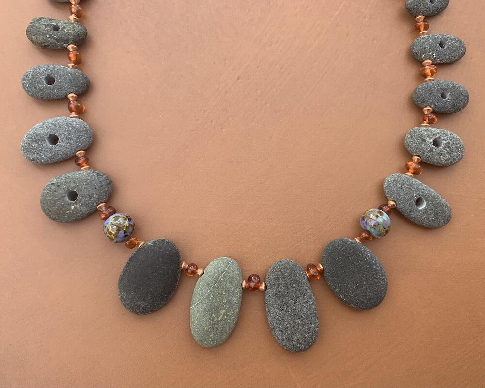 Necklace set | Pac NW beach stones, artisan lampwork rounds, amber nuggets, copper bicones, artisan porcelain clasp