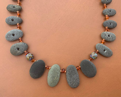 Necklace set | Pac NW beach stones, artisan lampwork rounds, amber nuggets, copper bicones, artisan porcelain clasp