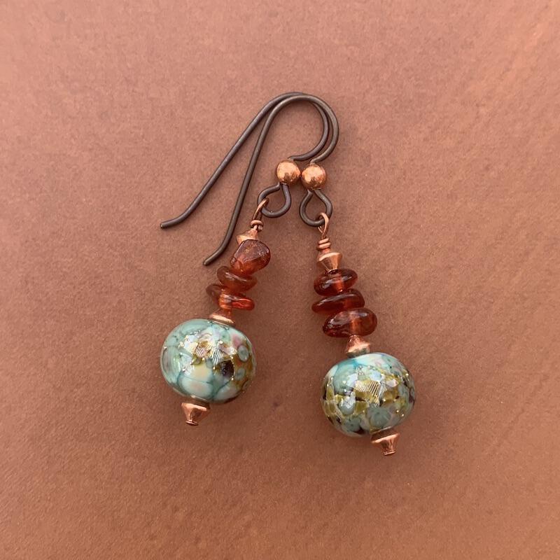 Necklace set | Pac NW beach stones, artisan lampwork rounds, amber nuggets, copper bicones, artisan porcelain clasp
