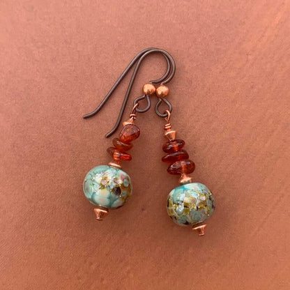Necklace set | Pac NW beach stones, artisan lampwork rounds, amber nuggets, copper bicones, artisan porcelain clasp