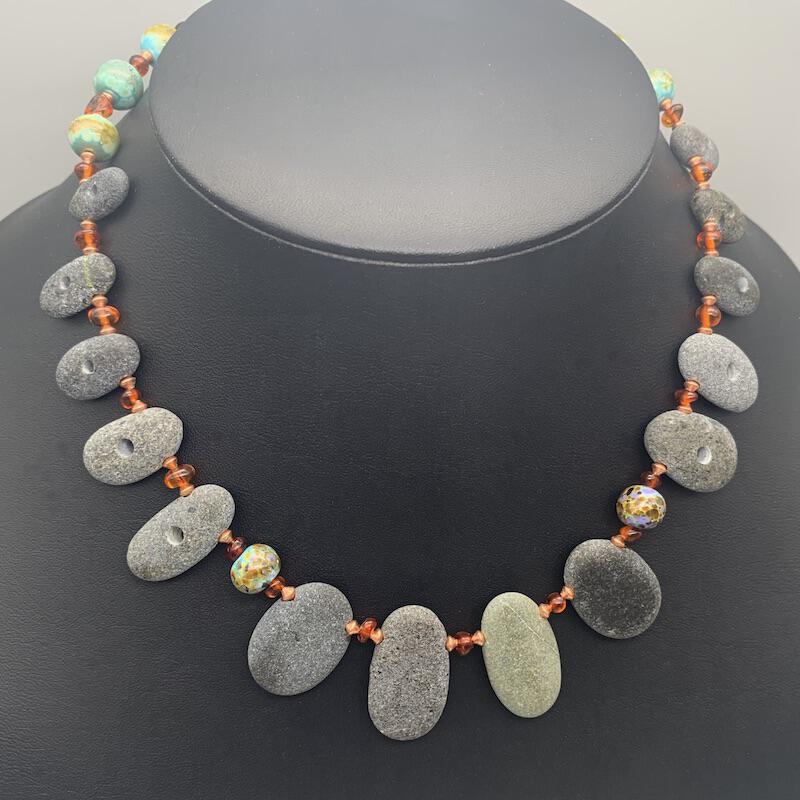 Necklace set | Pac NW beach stones, artisan lampwork rounds, amber nuggets, copper bicones, artisan porcelain clasp