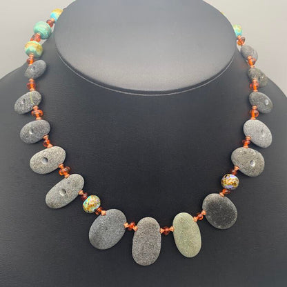 Necklace set | Pac NW beach stones, artisan lampwork rounds, amber nuggets, copper bicones, artisan porcelain clasp