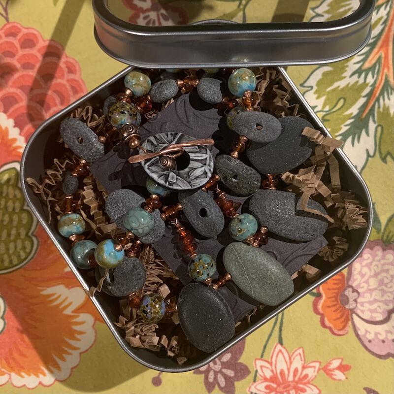 Necklace set | Pac NW beach stones, artisan lampwork rounds, amber nuggets, copper bicones, artisan porcelain clasp