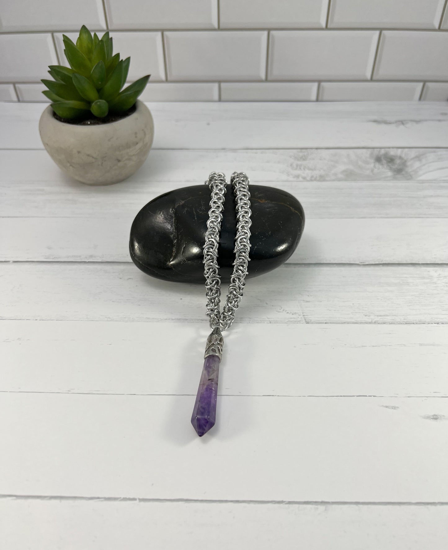 Amethyst Pendant Necklace, Elfweave Chain, 18-26 Inch