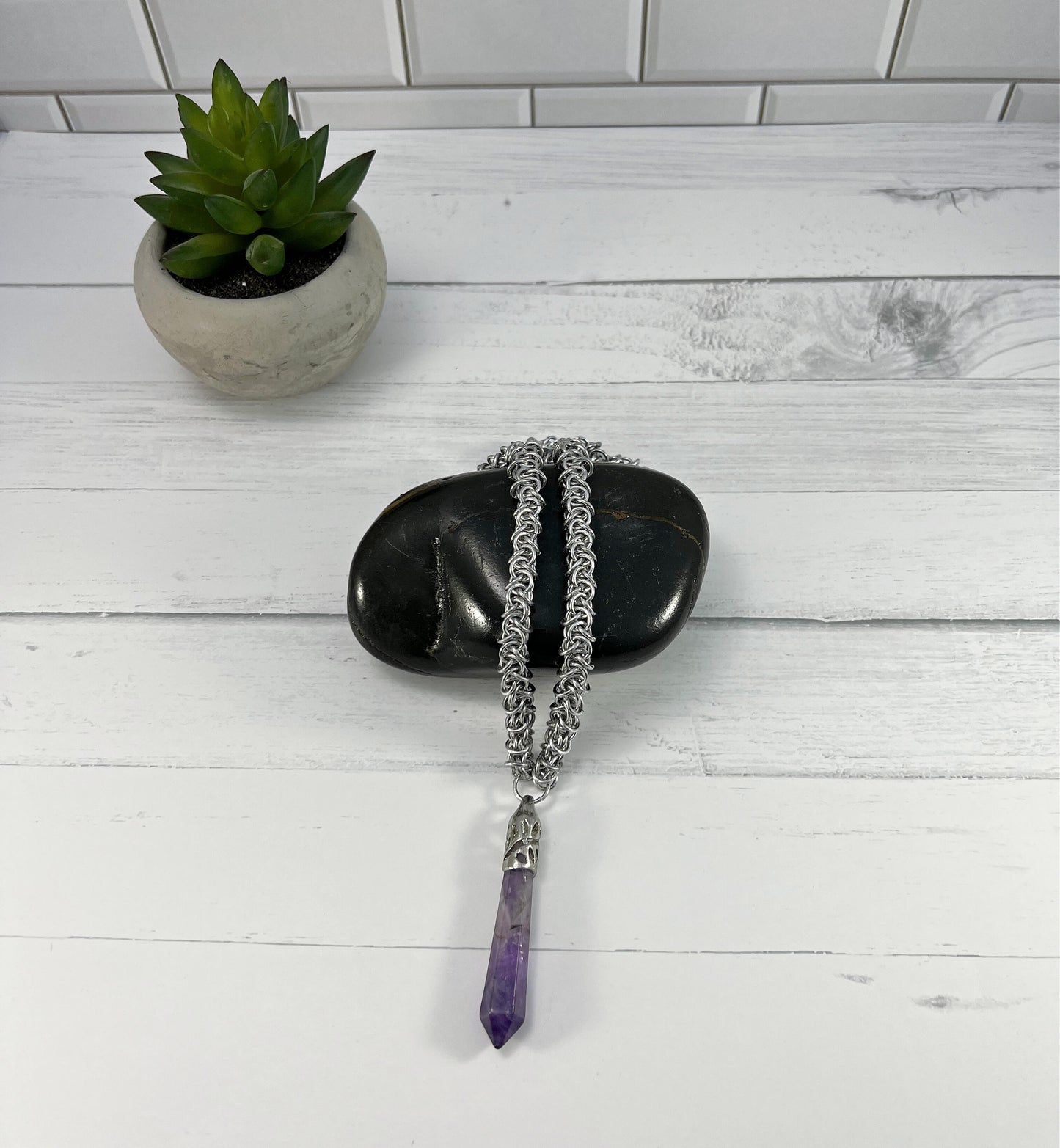 Amethyst Pendant Necklace, Elfweave Chain, 18-26 Inch