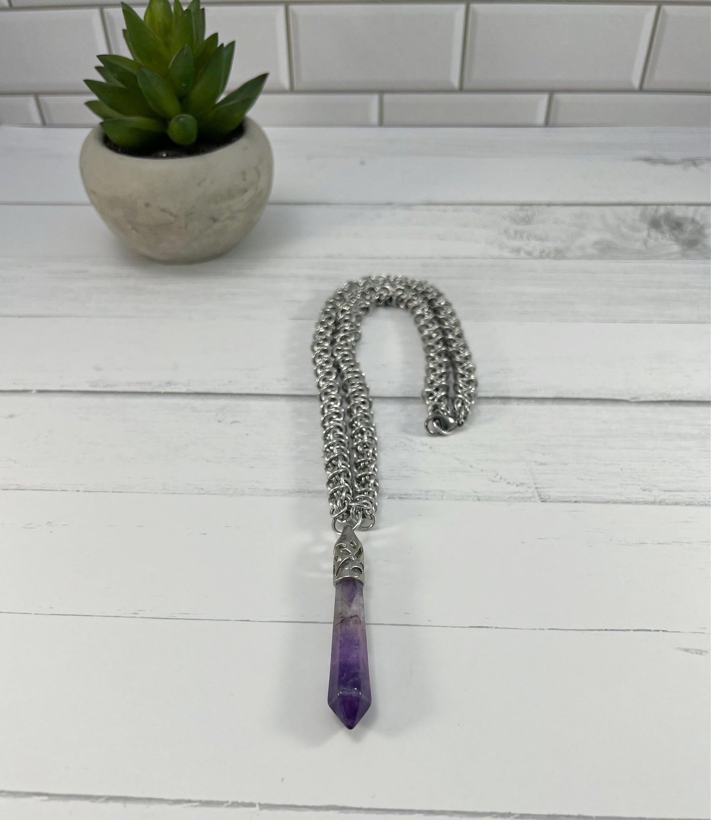 Amethyst Pendant Necklace, Elfweave Chain, 18-26 Inch
