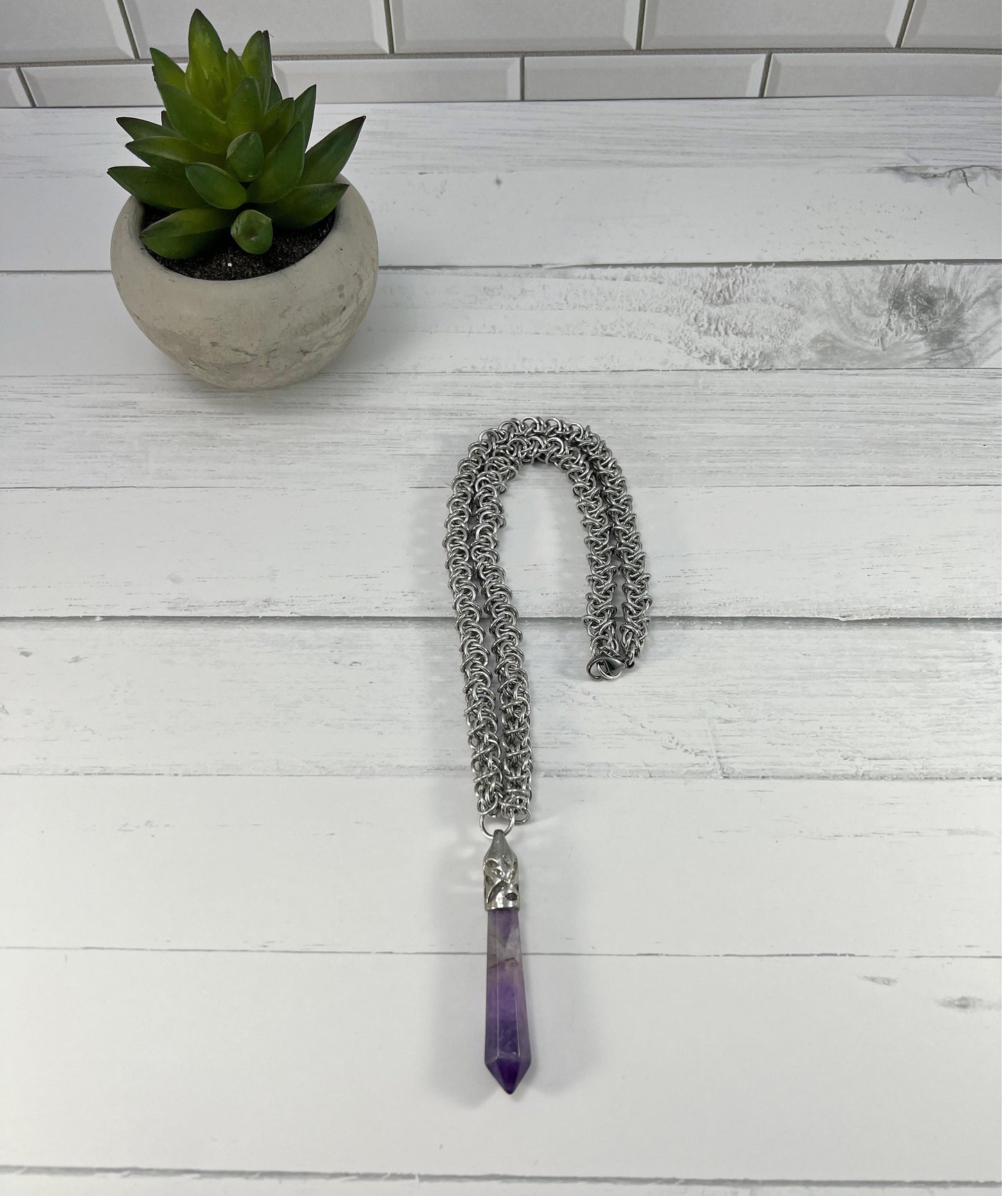 Amethyst Pendant Necklace, Elfweave Chain, 18-26 Inch