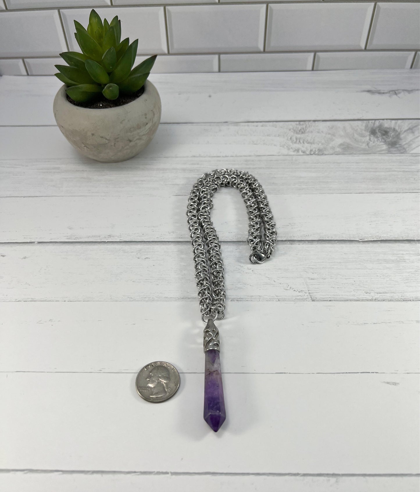 Amethyst Pendant Necklace, Elfweave Chain, 18-26 Inch