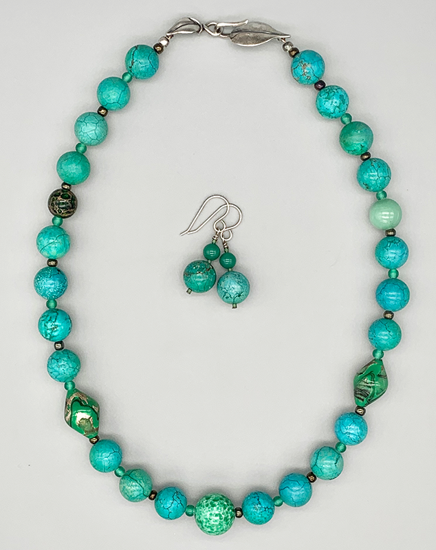 Necklace Set | Turquoise-green round stones, vintage green glass beads