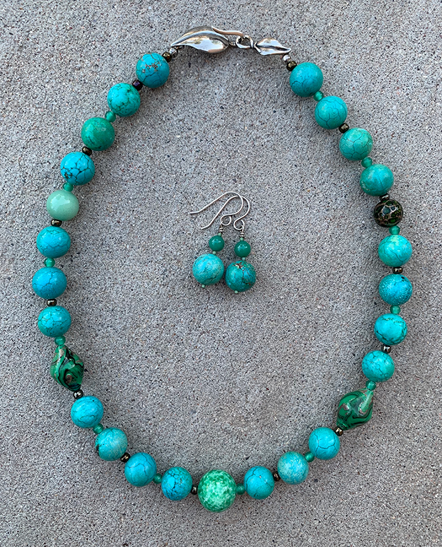Necklace Set | Turquoise-green round stones, vintage green glass beads